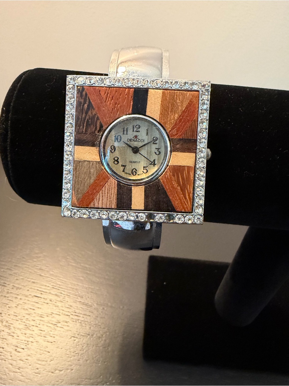 Denacci Silver-Tone Wood Inlay Bangle Bracelet Watch - Multicolor